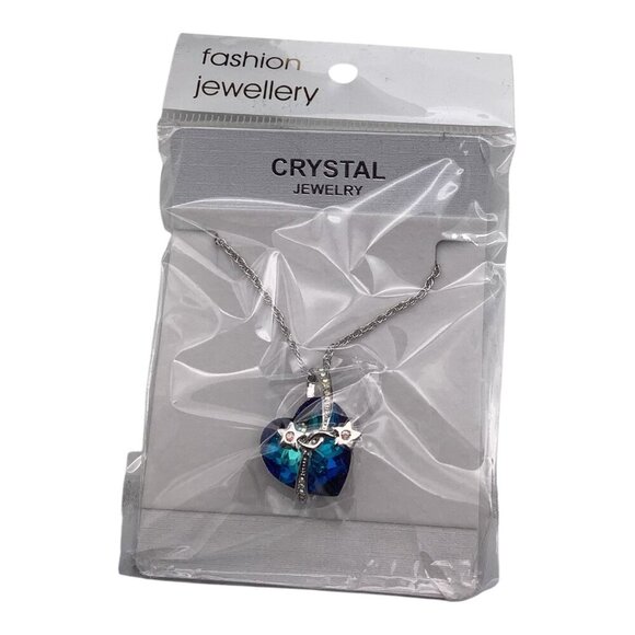 Blue Swarovski Crystal Heart Necklace W/ Silver Stars Pendant Adjustable Chain - Picture 2 of 10